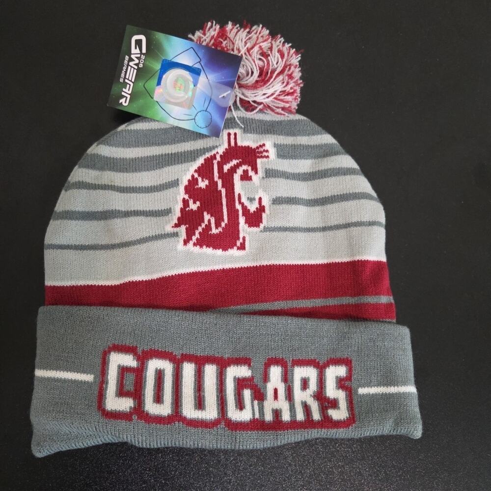 WSU Washington State Cougars Pom Beanie Crimson Gray Winter Hat